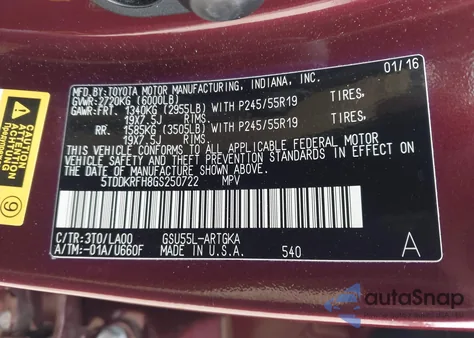 2016 Toyota Highlander Limited V6 z USA, uszkodzony, nr VIN 5TDDKRFH8GS250722